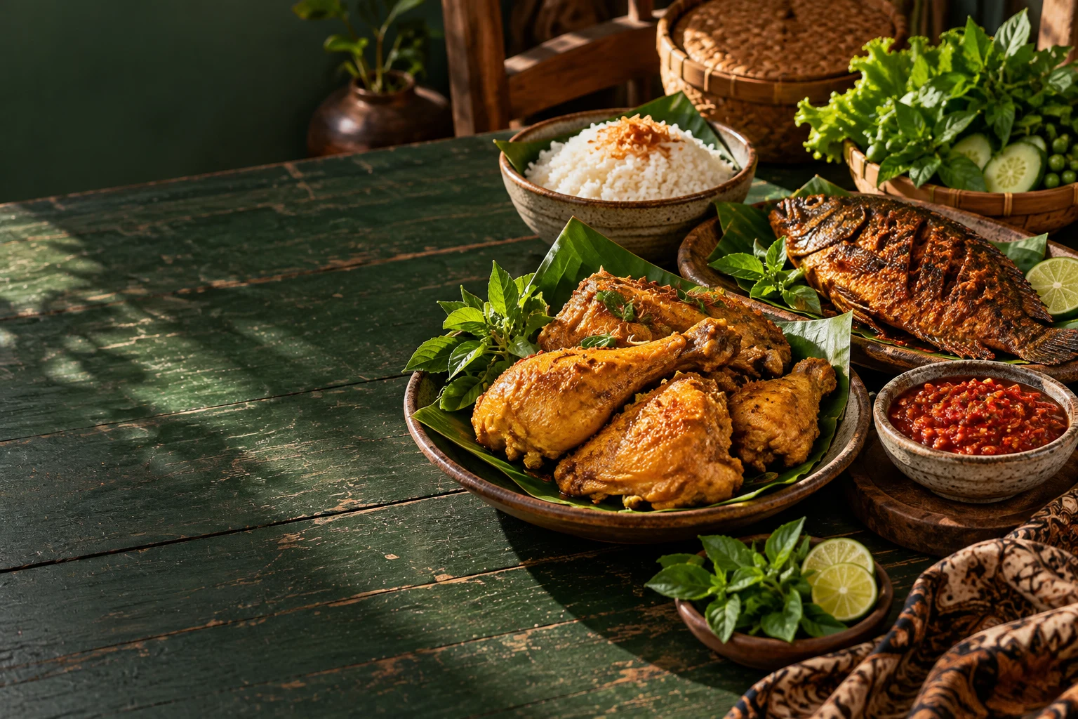 Ilustrasi sajian ayam berbumbu, ikan, nasi, dan sambal